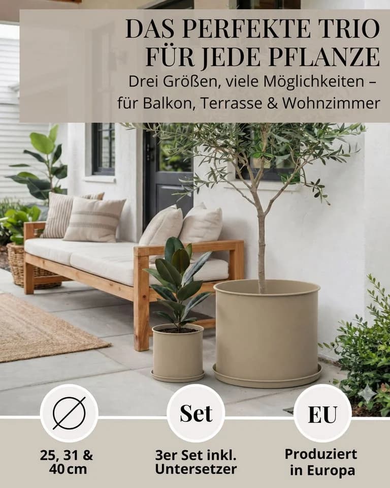 LIVLIG Pflanzkübel 3er-Set mit Untersetzer Ø 25-40 cm Beige