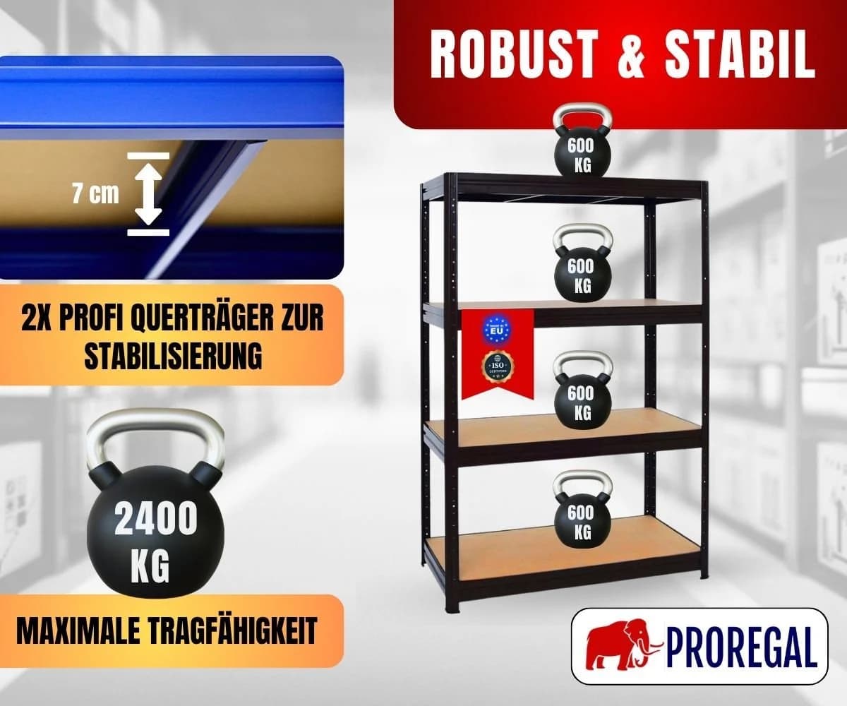 PROREGAL® Schwerlastregal DINO, Schwarz, 180x120x60cm, 600kg Fachlast