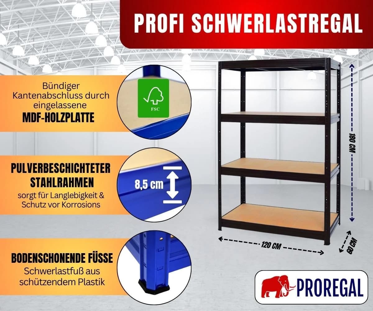 PROREGAL® Schwerlastregal DINO, Schwarz, 180x120x60cm, 600kg Fachlast - Bild 3