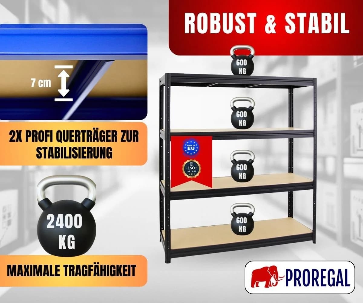 PROREGAL® Schwerlastregal DINO Schwarz 4 Ebenen Steckmontage