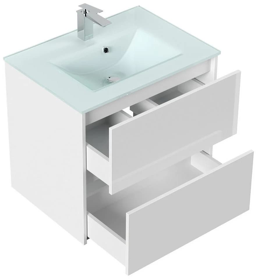 Magnolia Home Badmöbel Lina 70cm mit Glaswaschbecken Weiss Hochglanz