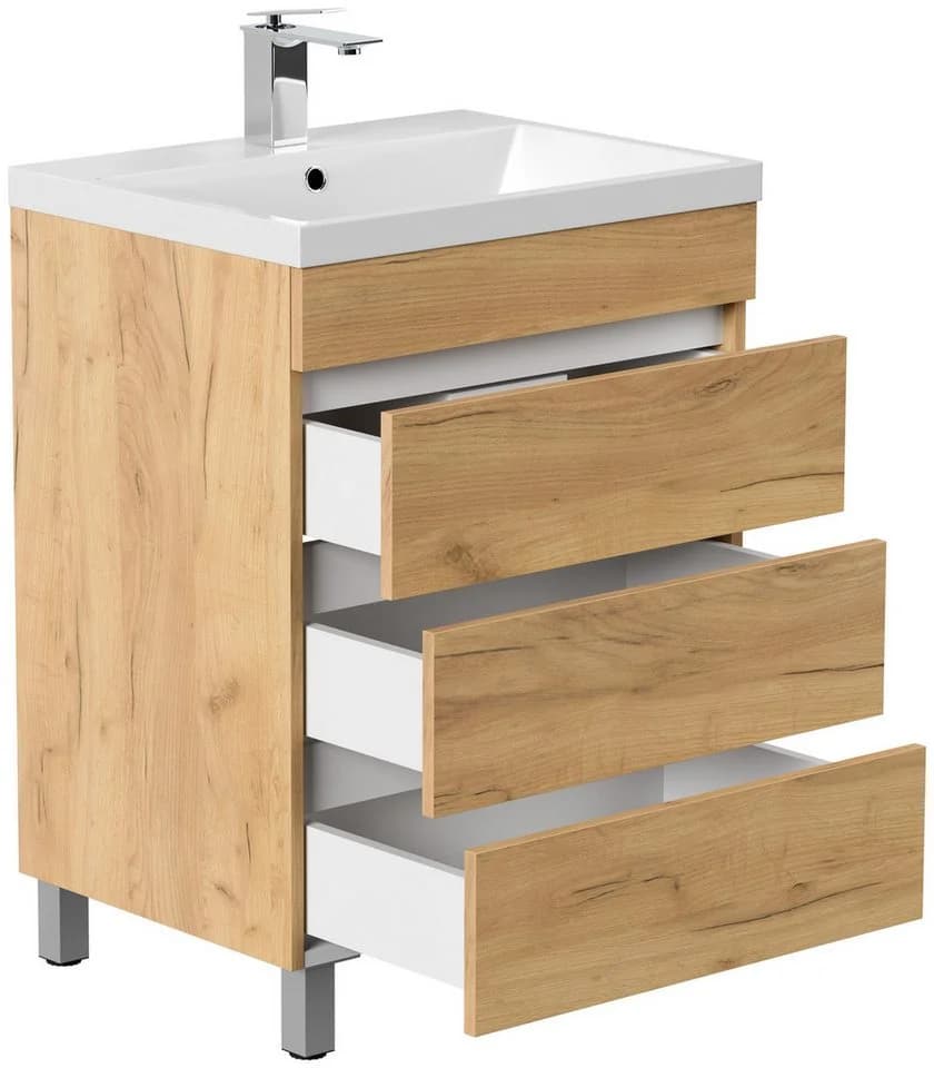 Stand Badmöbel Fellini 60 SoftClose Eiche Gold mit drei grifflosen Schubladen - Bild 4