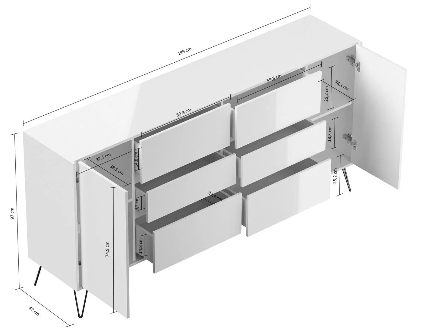 Magnolia Home Sideboard Yako XL 200cm 6 Schubladen 2 Türen Grafit/Eiche