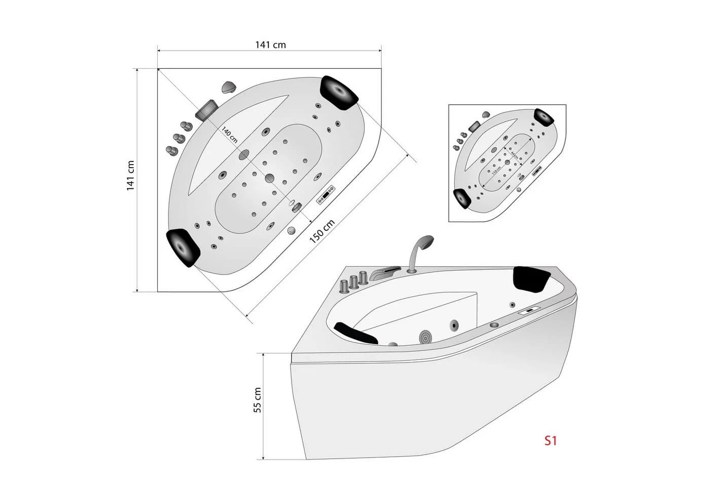 AcquaVapore Whirlpool-Badewanne Eckwanne 140x140cm mit Heizung - Bild 5