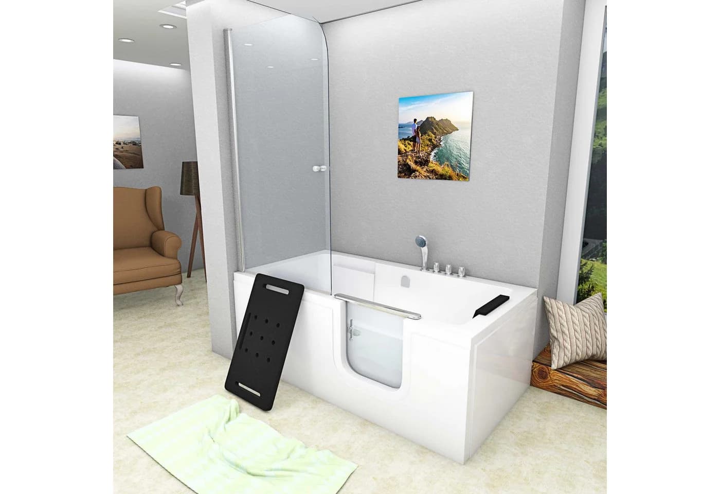 AcquaVapore Seniorendusche mit Tür und Sitzwanne, Sanitär-Acryl, Sicherheitsglas