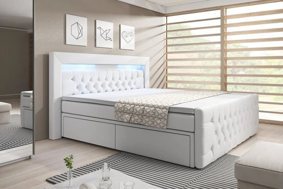 Luxusbetten24 Boxspringbett Sera Weiß mit LED-Beleuchtung und Stauraum