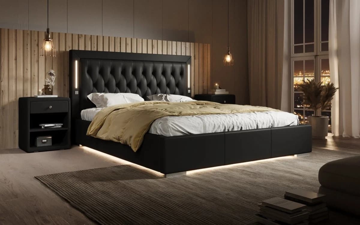 Luxusbetten24 Polsterbett Rio Schwarz mit RGB-Beleuchtung und USB-Anschluss