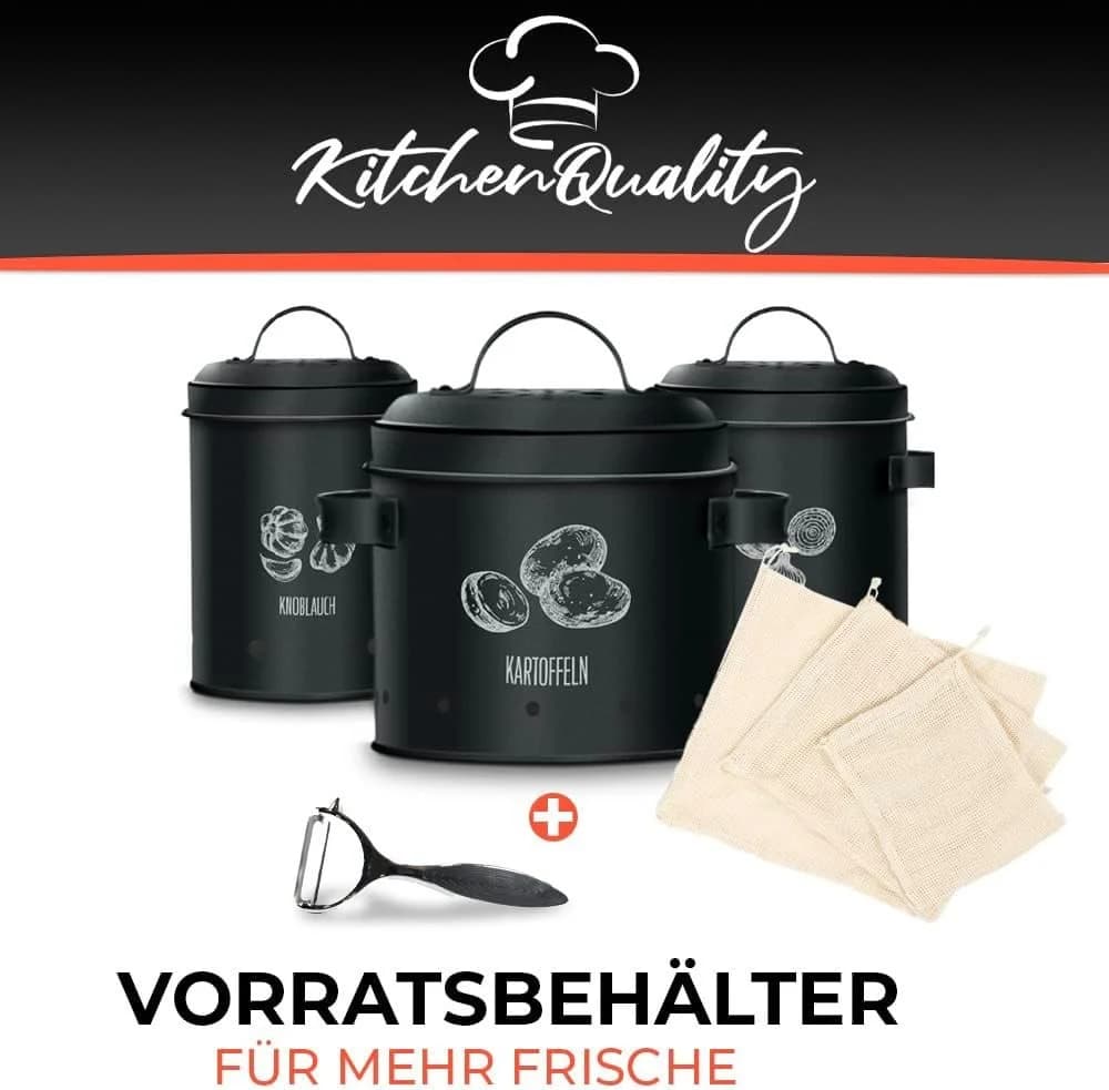 KitchenQuality Vorratsdose 3er-Set Metall Schwarz mit Schäler & Jutebeuteln