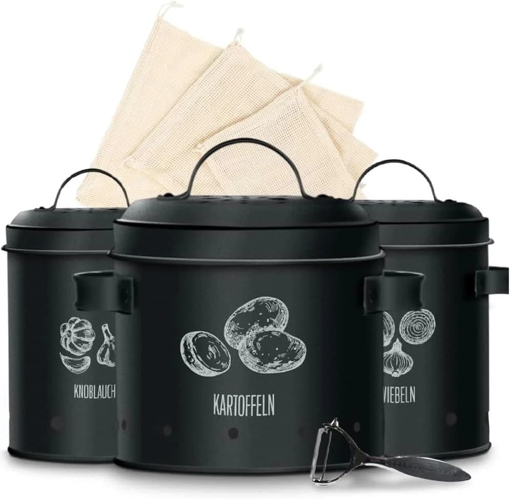 KitchenQuality Vorratsdose 3er-Set Metall Schwarz mit Schäler & Jutebeuteln - Bild 2