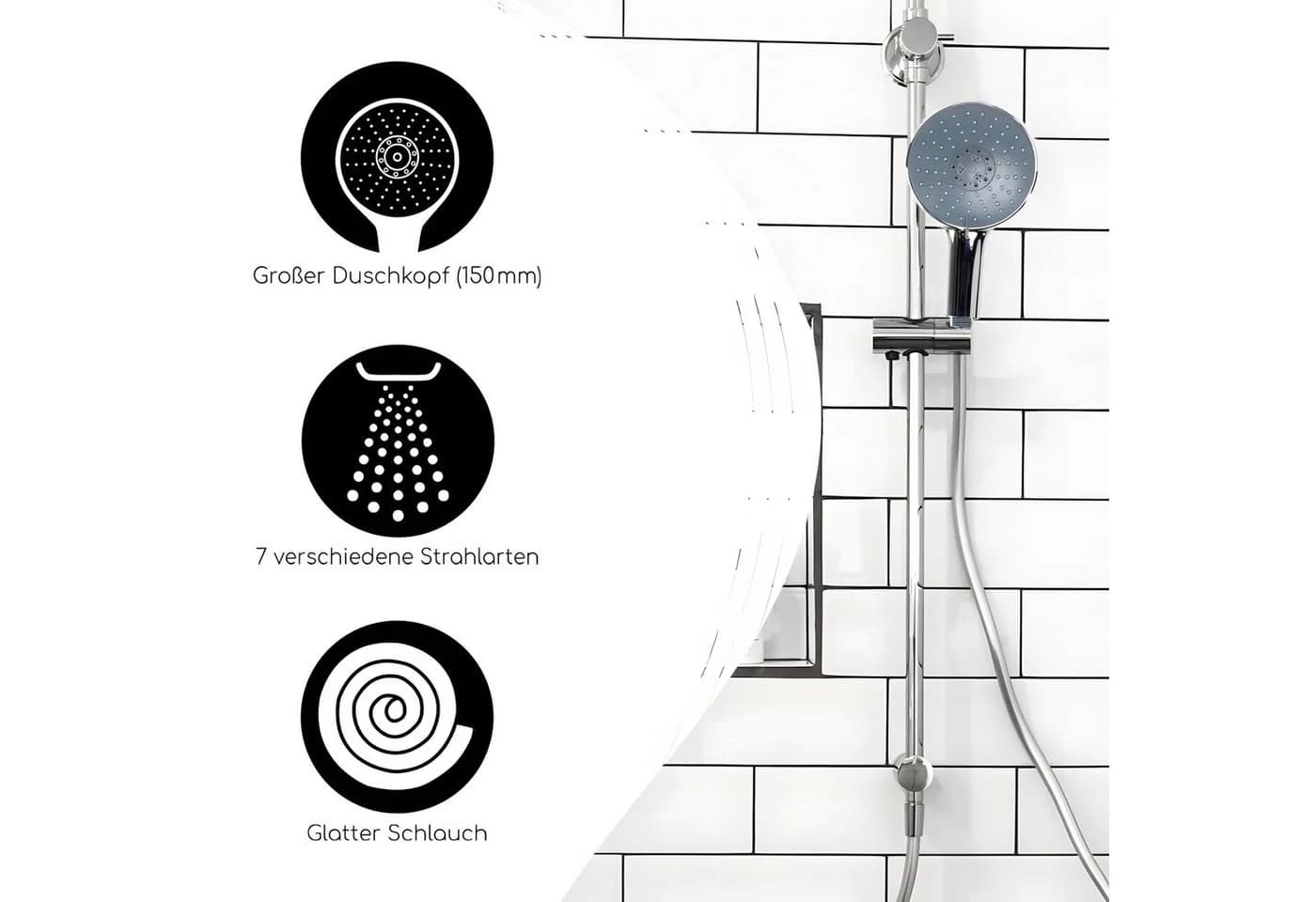 Bath4U Duschbrause Duschkopf 150mm 7 Strahlarten silber inkl. Schlauch - Bild 3