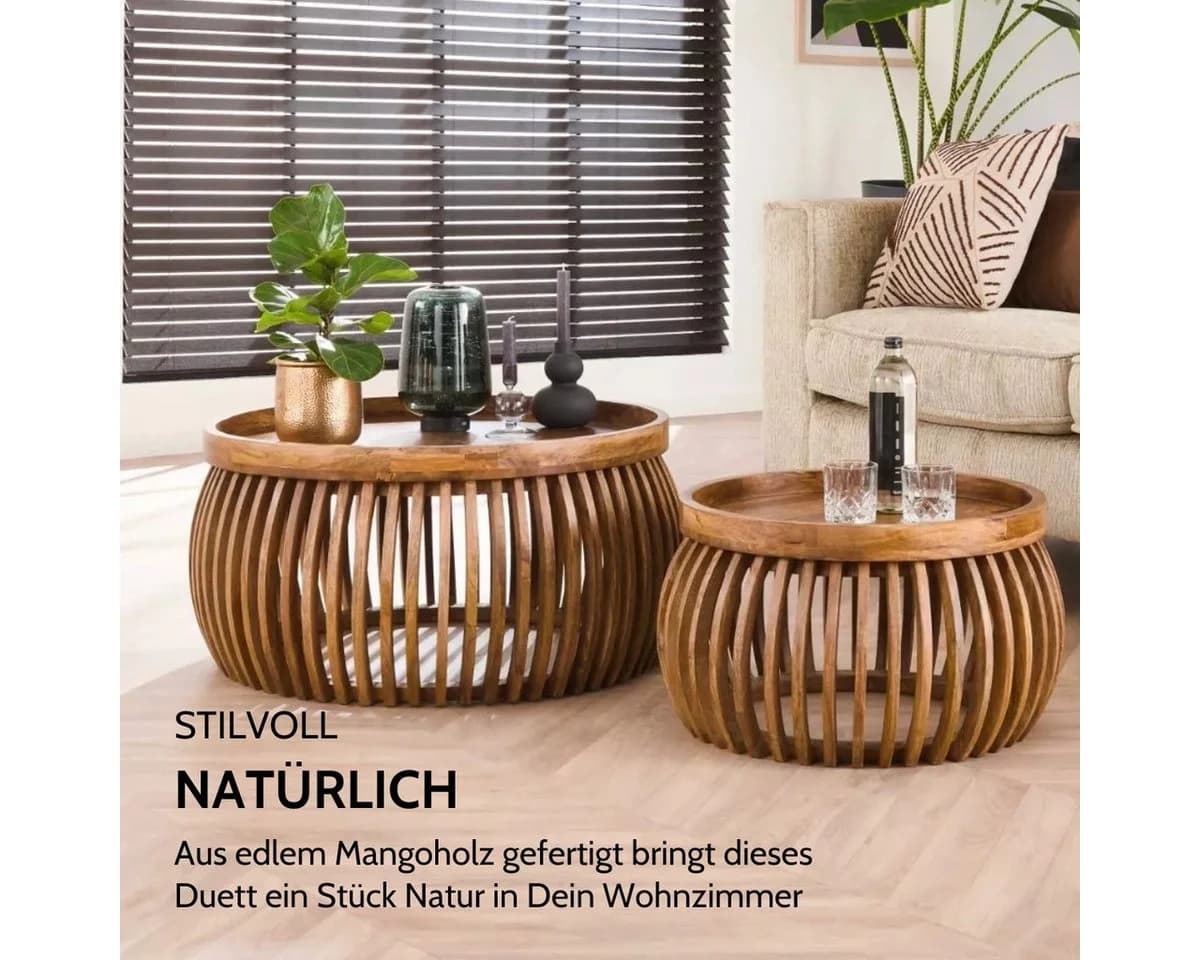 Liadomo Couchtisch Laos 2er-Set Mangoholz Massiv Runde Platte Holzstreben