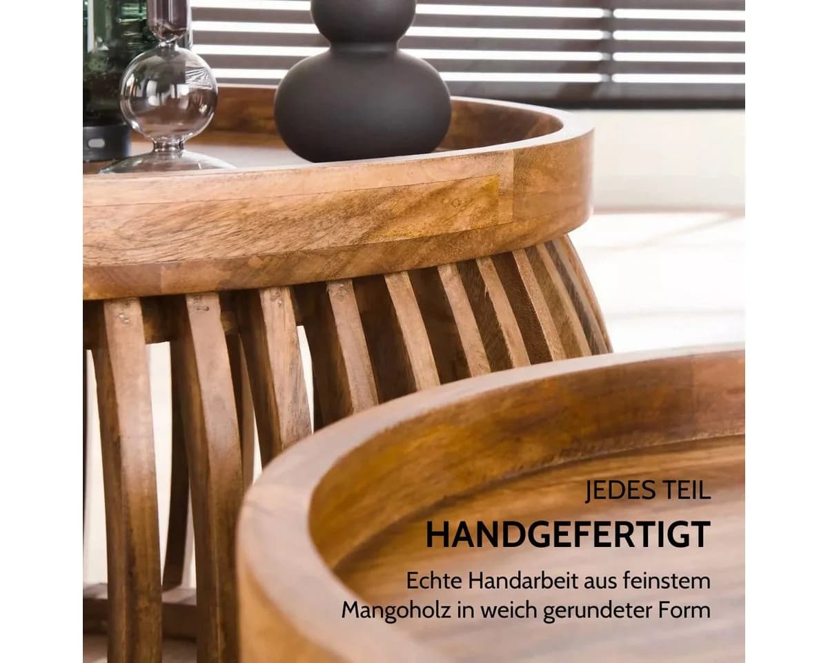 Liadomo Couchtisch Laos 2er-Set Mangoholz Massiv Runde Platte Holzstreben - Bild 4