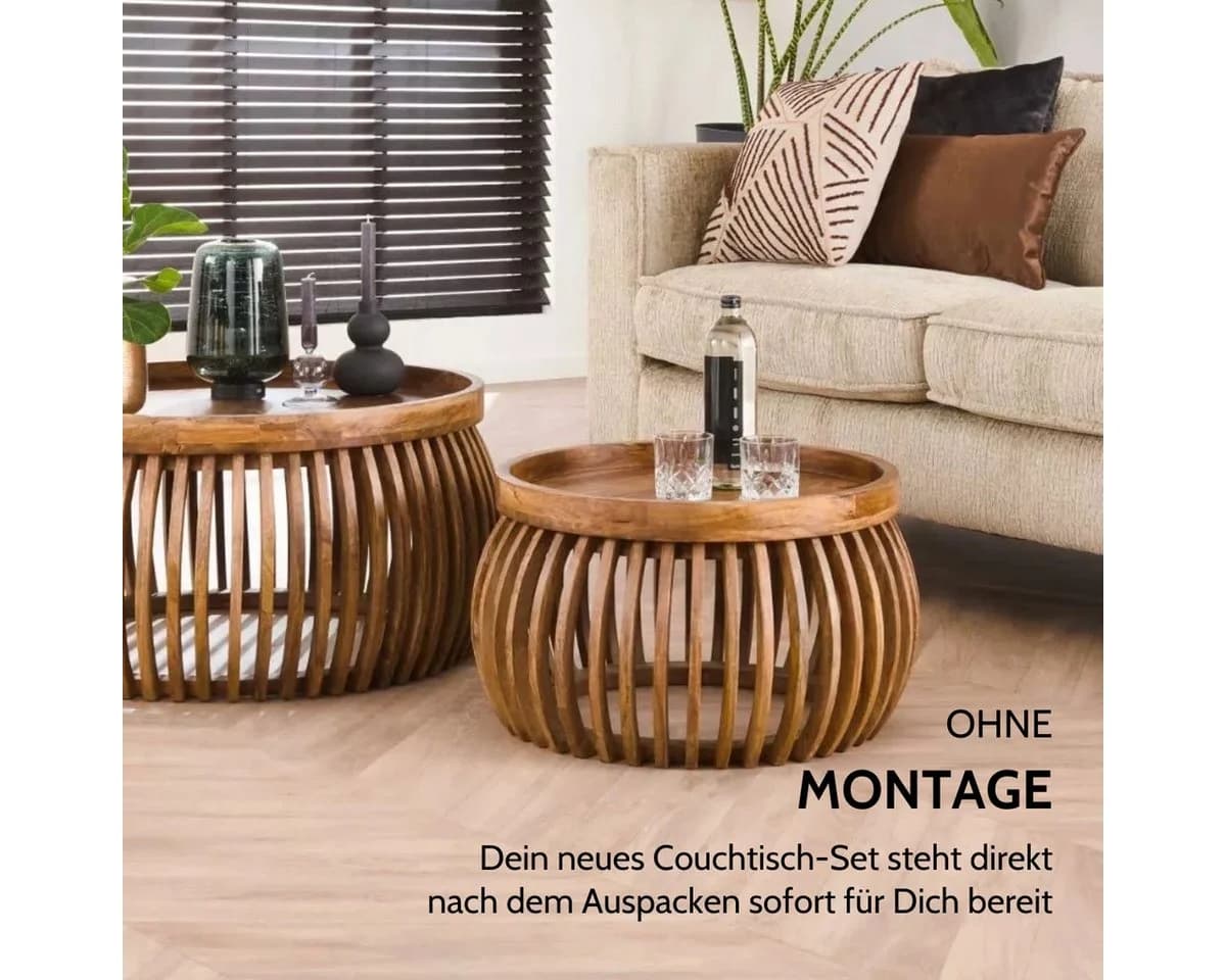 Liadomo Couchtisch Laos 2er-Set Mangoholz Massiv Runde Platte Holzstreben - Bild 5