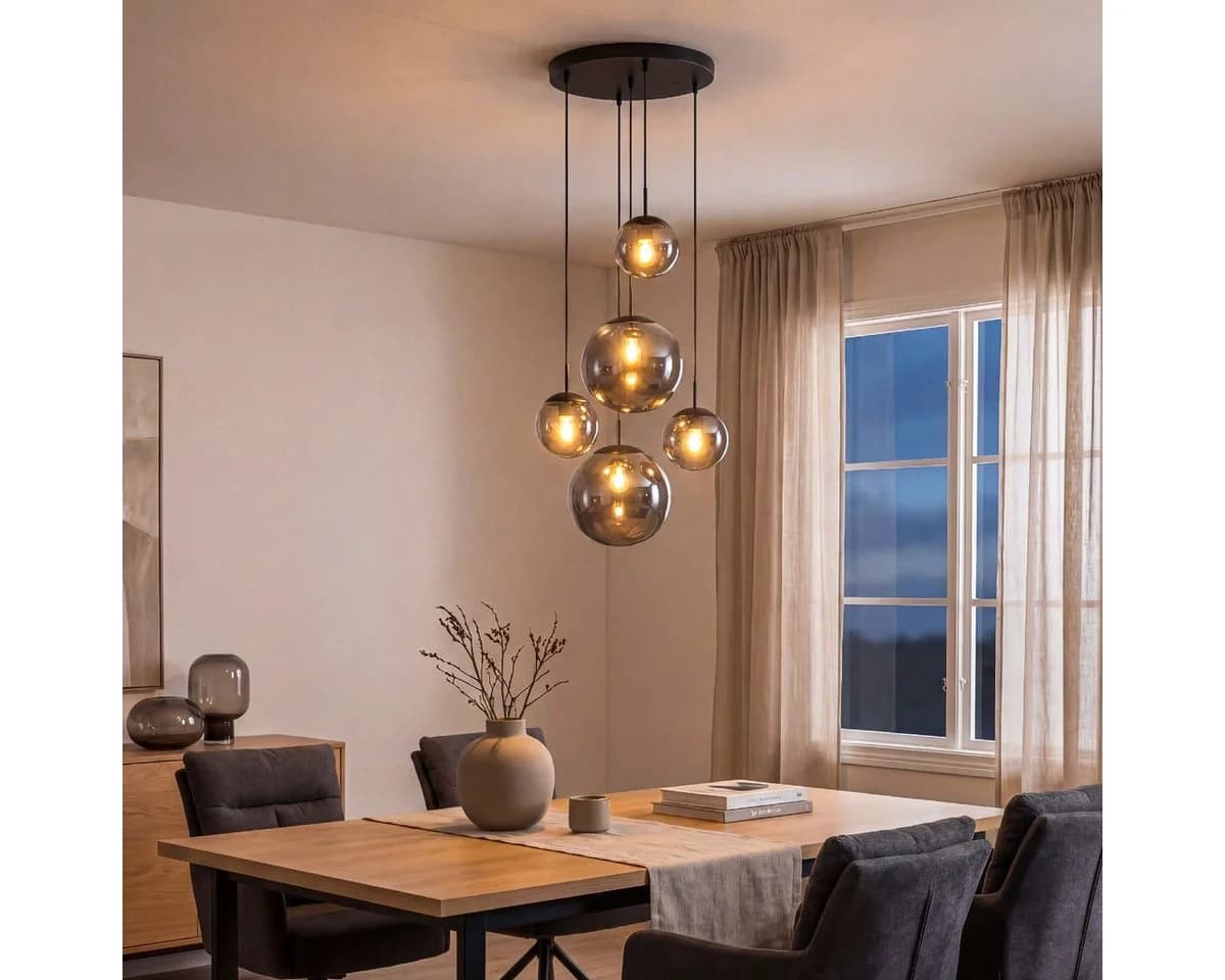 Liadomo Pendelleuchte Vetro 5-flammig Rauchglas Schwarz E27 LED