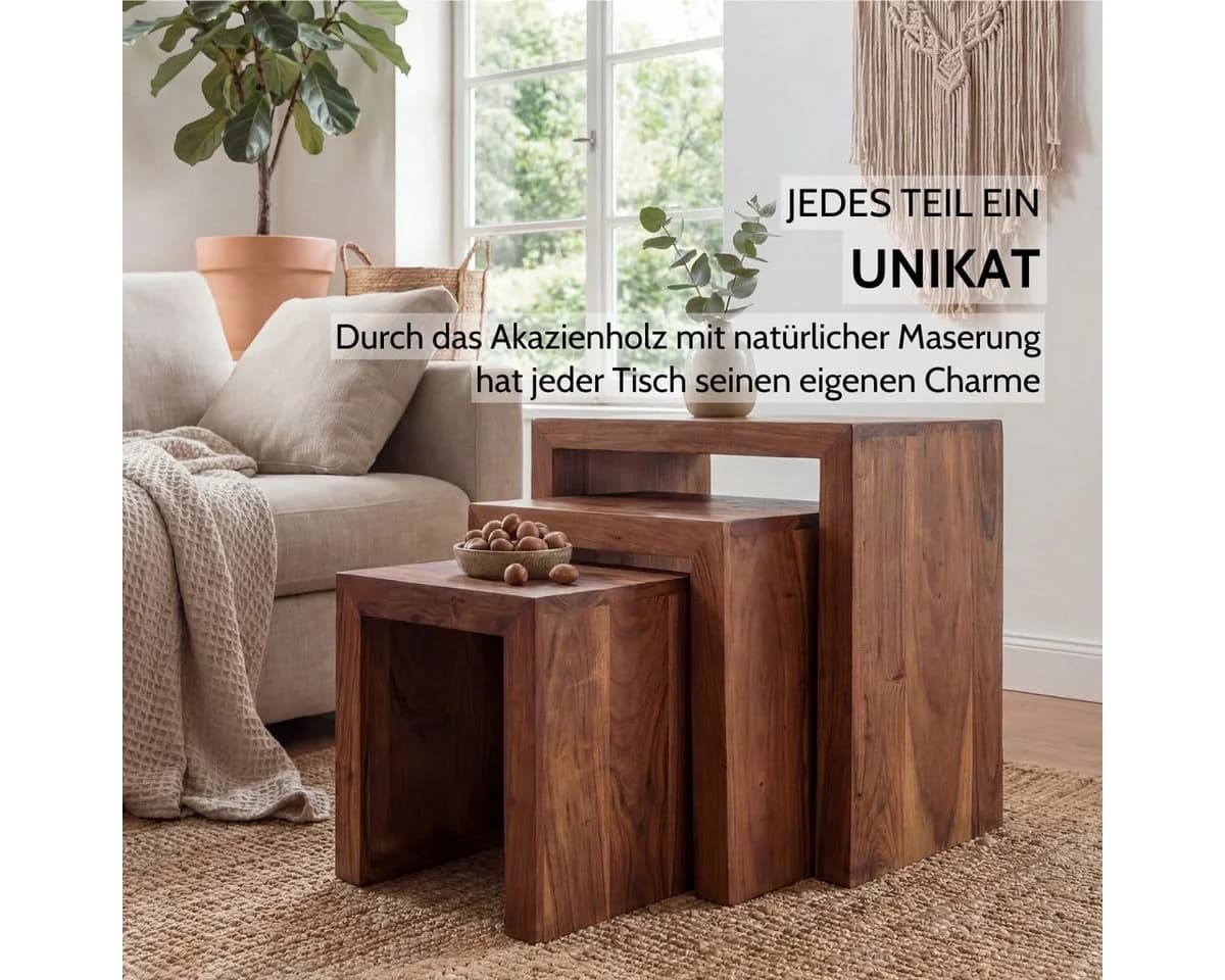 Liadomo Beistelltisch Bianca 3er-Set Massivholz Braun