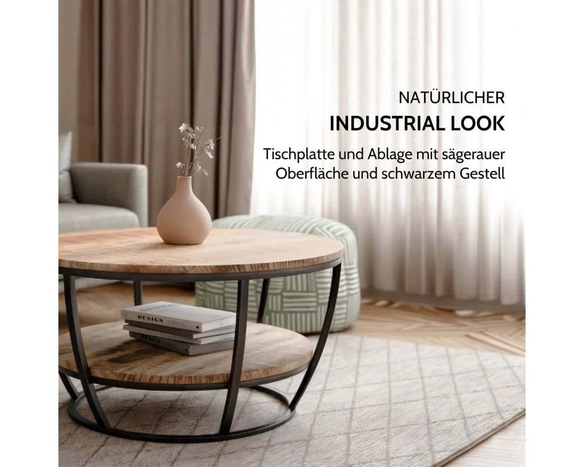 Liadomo Couchtisch Gianna Runde Mangoholz Massiv Metallgestell Schwarz - Bild 3
