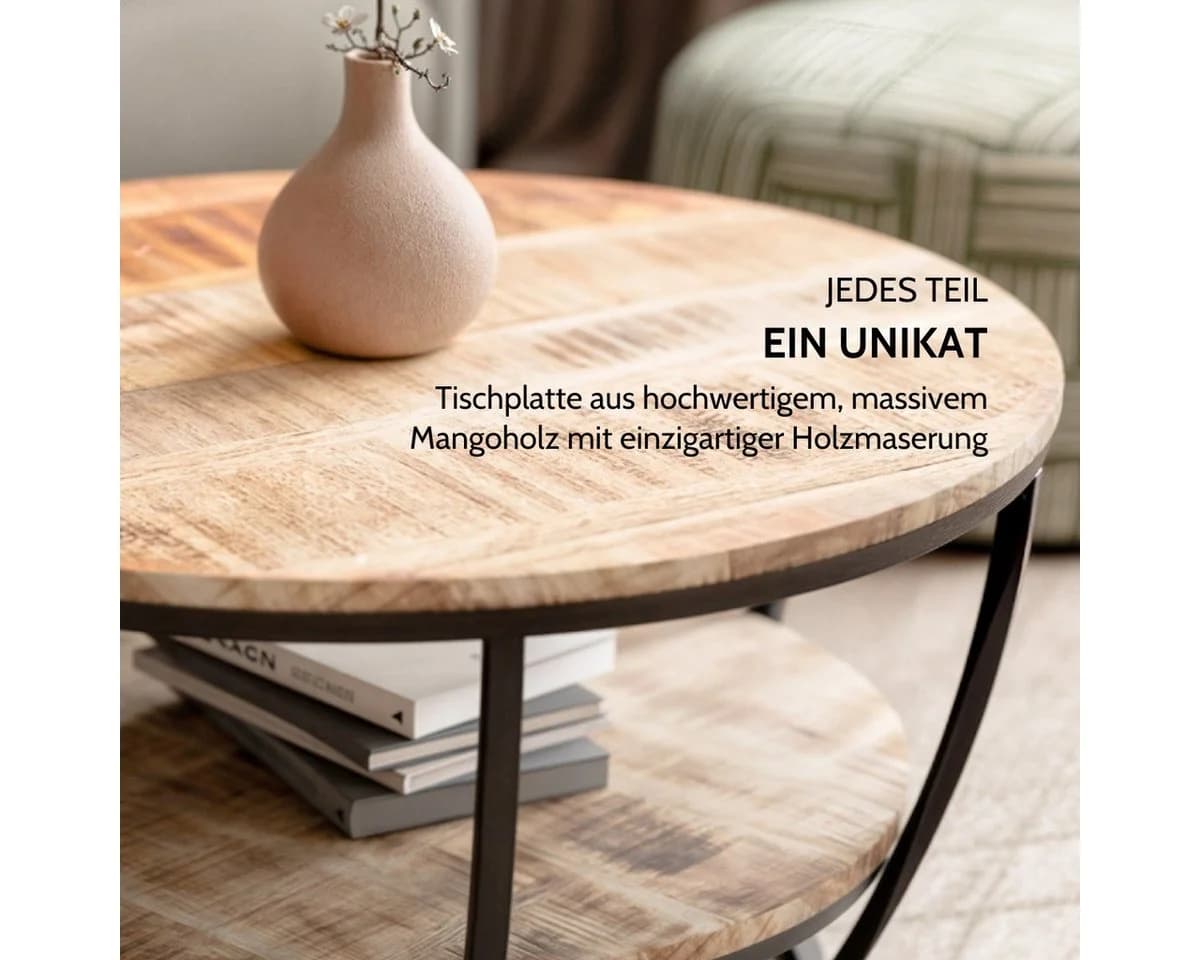 Liadomo Couchtisch Gianna Runde Mangoholz Massiv Metallgestell Schwarz - Bild 4