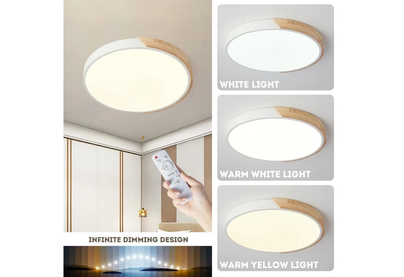 style home LED Deckenleuchte Runde Deckenlampe Holz Metall Dimmbar