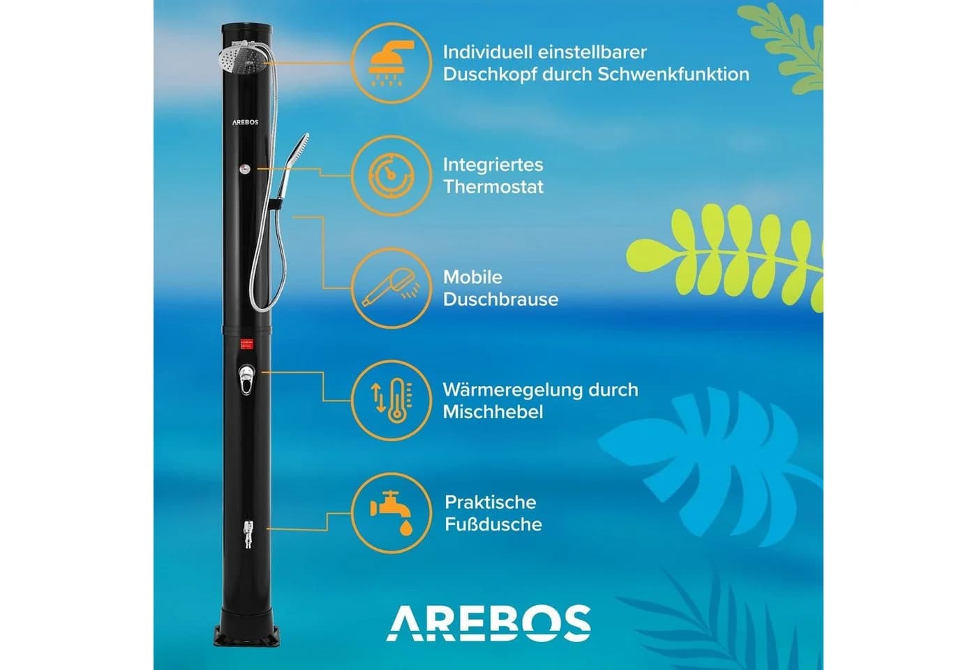 Arebos Solardusche 40 L Schwarz/Silber mit Thermometer & Fußdusche - Bild 3