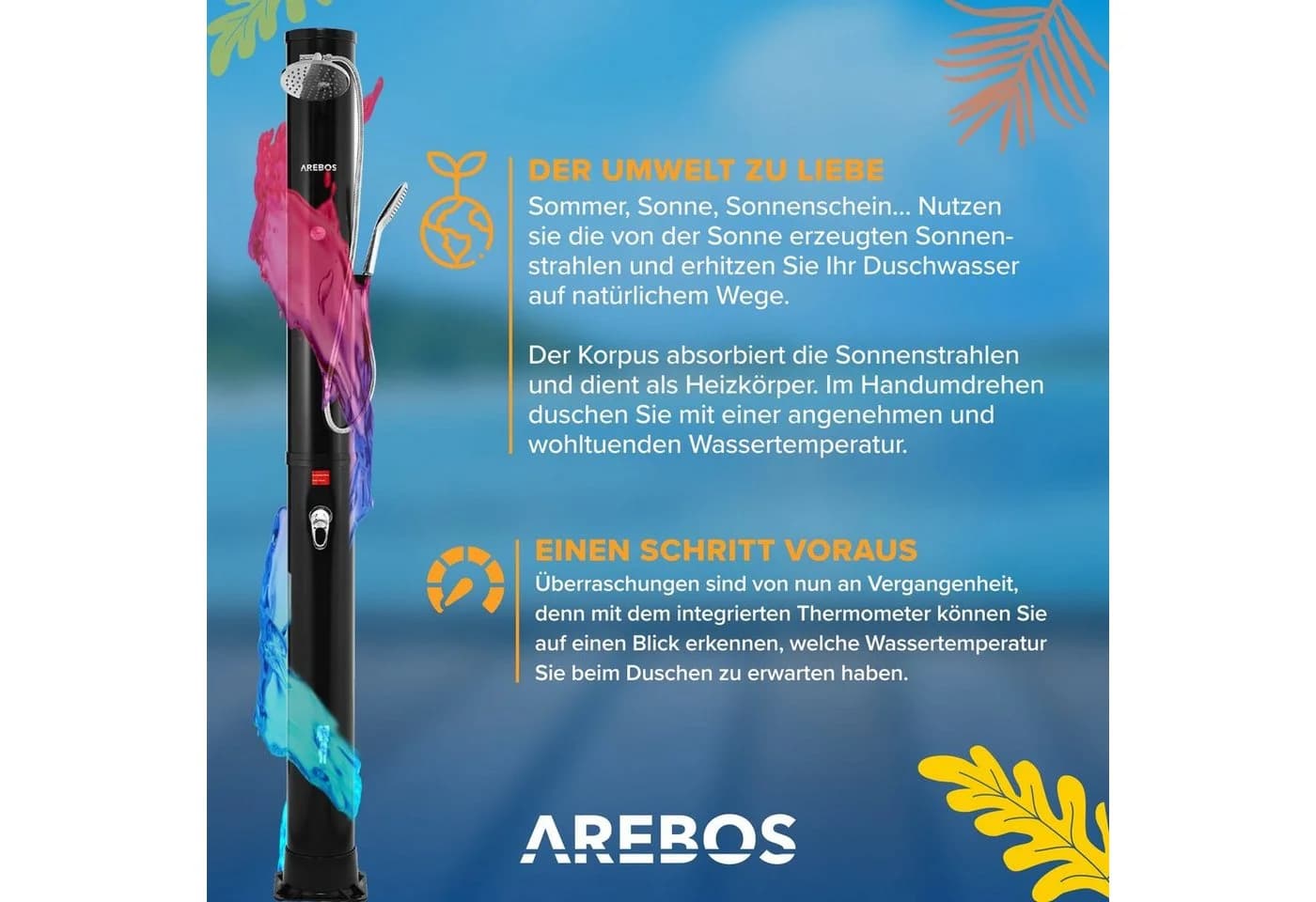 Arebos Solardusche 40 L Schwarz/Silber mit Thermometer & Fußdusche - Bild 5