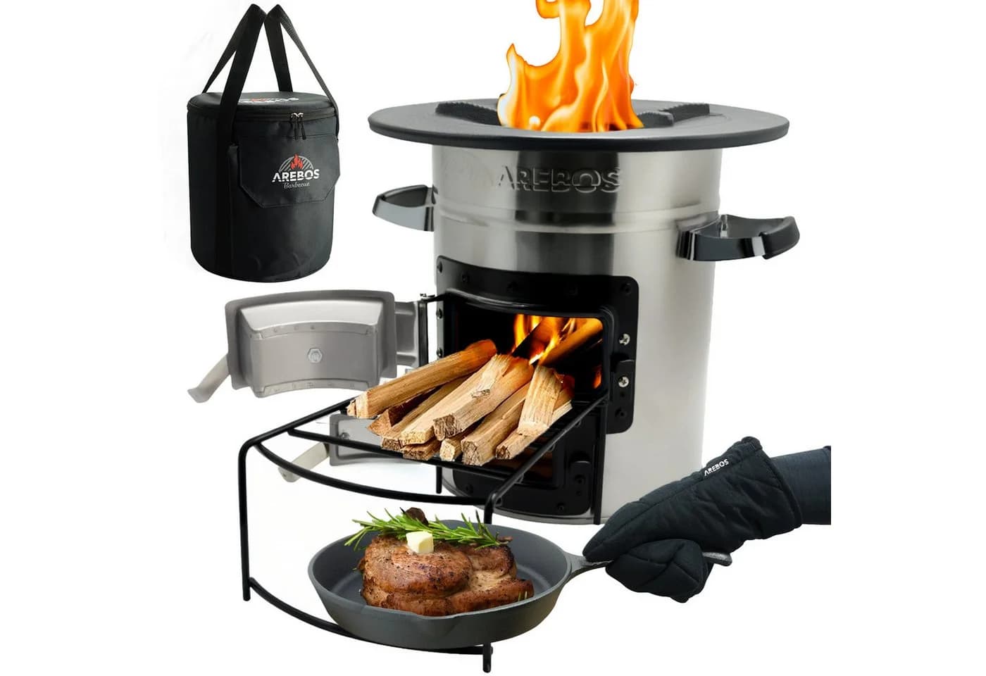 Arebos Raketenofen Edelstahl Set mit Gusseisenpfanne & Tasche - Bild 2