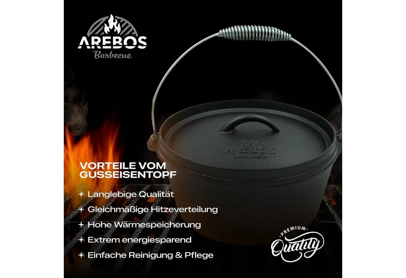 AREBOS Dutch Oven BBQ Set 5-tlg. aus Gusseisen mit Holzkiste - Bild 3