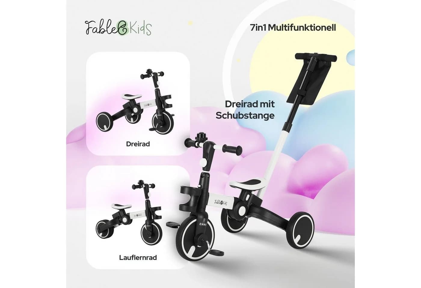 FableKids Kinderdreirad EMMA 7in1 Weiss mit Schubstange - Bild 3