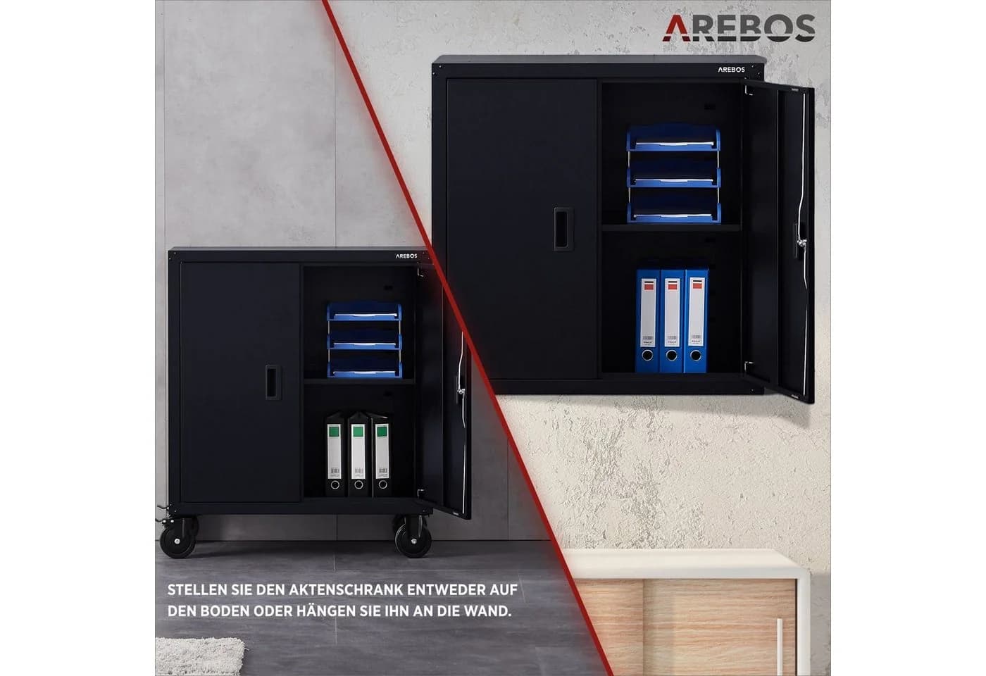 Arebos Aktenschrank Schwarz mit Rollen und höhenverstellbarem Einlegeboden - Bild 5