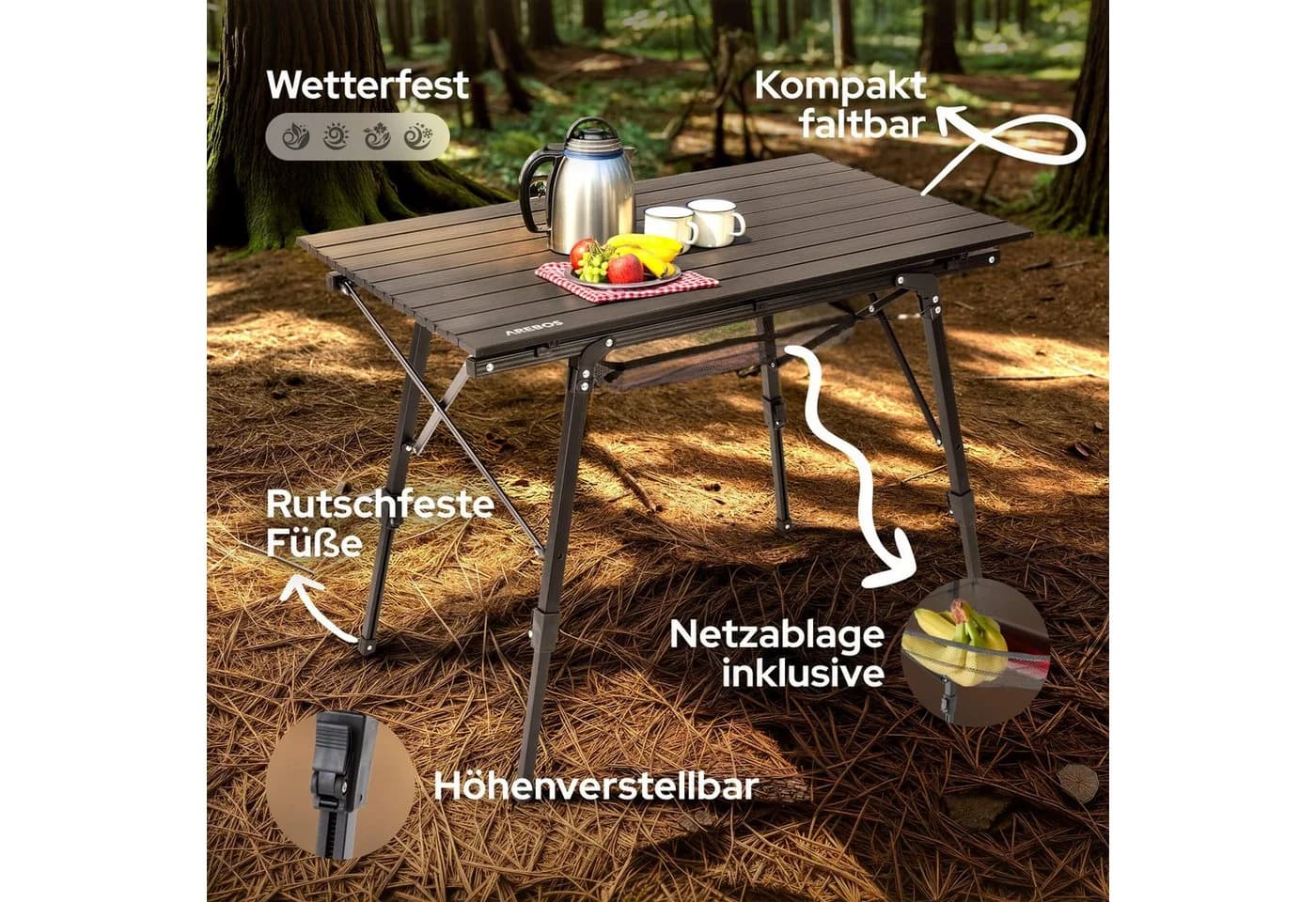 Arebos Faltbarer Campingtisch Schwarz Aluminium Höhenverstellbar - Bild 3