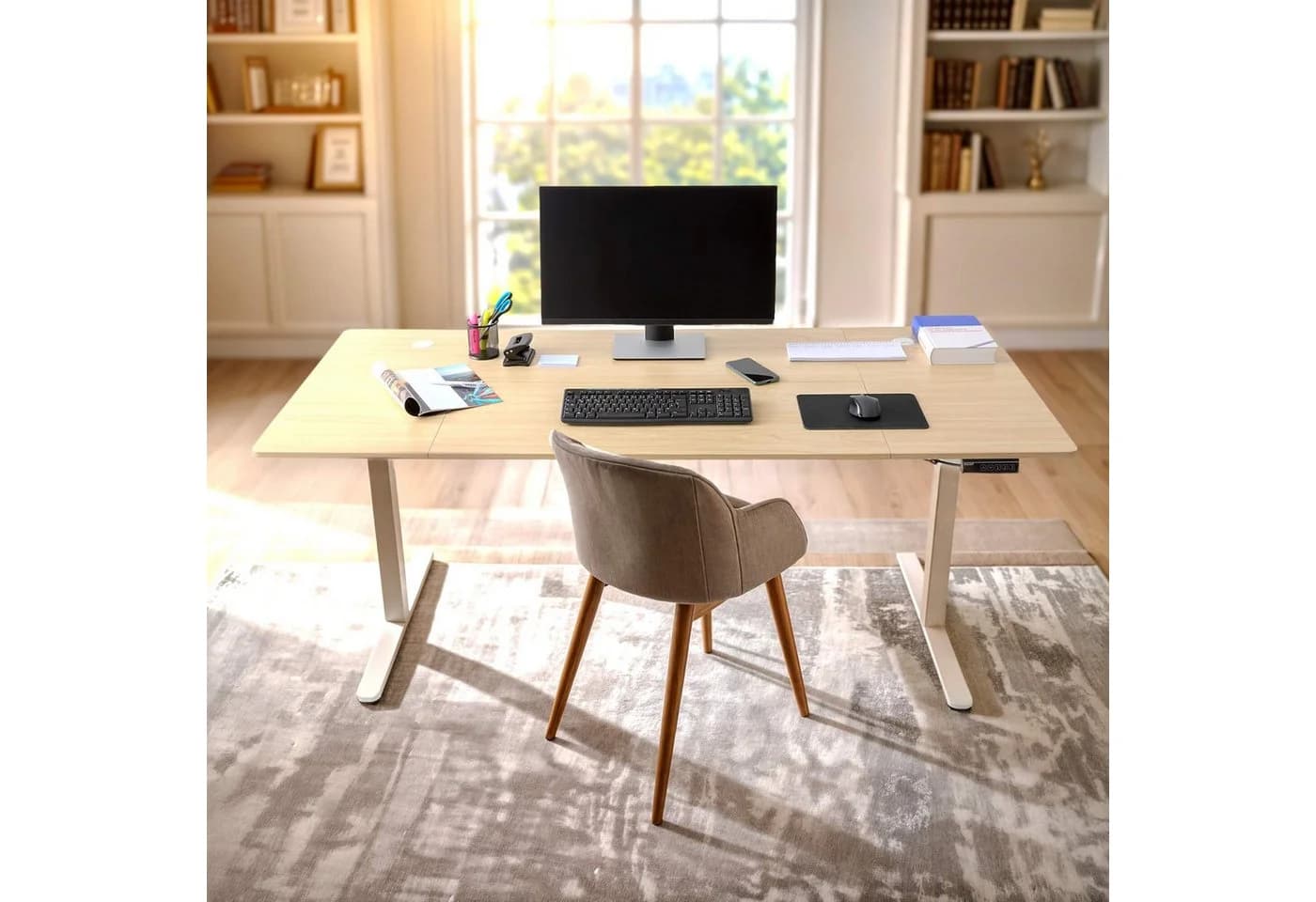 AREBOS Schreibtisch elektrisch höhenverstellbar Beige/Weiß