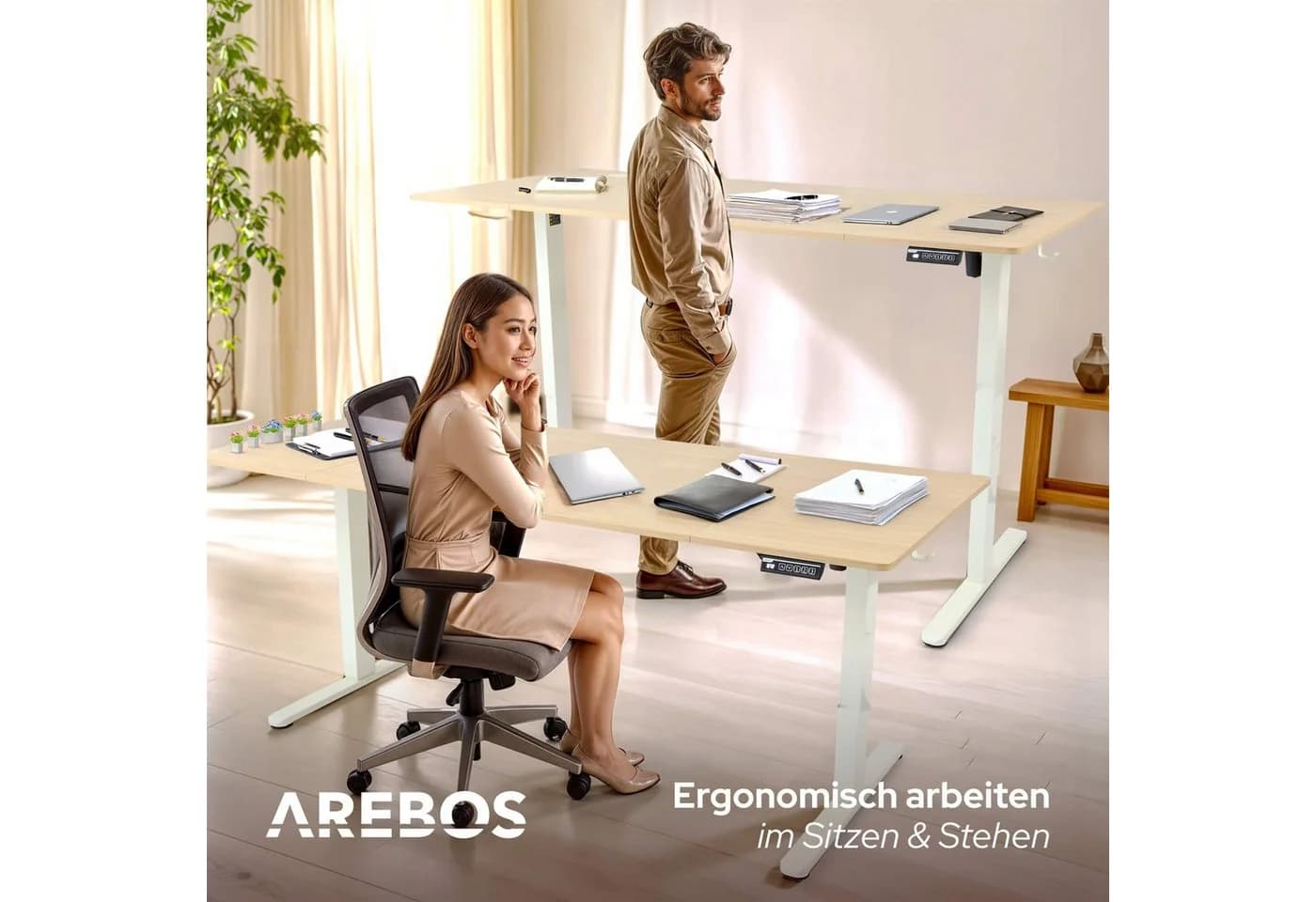 AREBOS Schreibtisch elektrisch höhenverstellbar Beige/Weiß - Bild 4