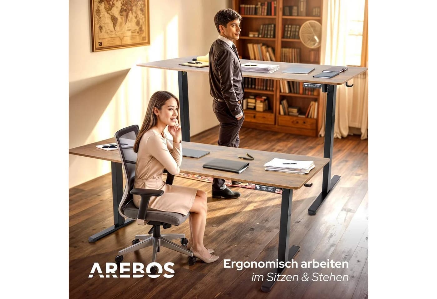 AREBOS Schreibtisch elektrisch höhenverstellbar Braun Stahl - Bild 4