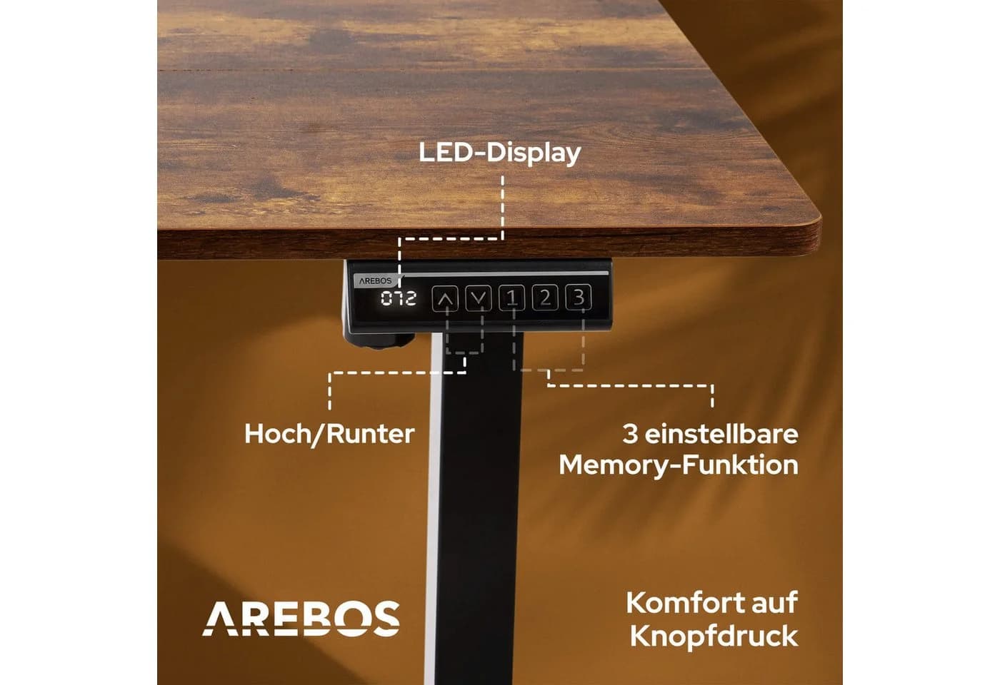 AREBOS Schreibtisch elektrisch höhenverstellbar Braun Stahl - Bild 5