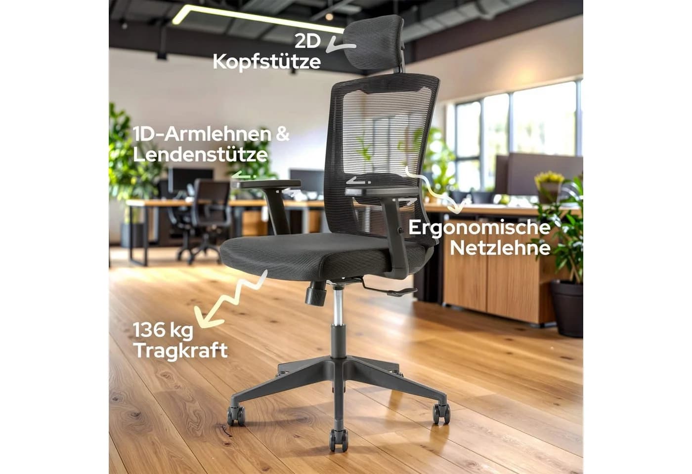 Arebos Bürostuhl Ergonomisch Schwarz mit Netzlehne & Wippmechanismus - Bild 4