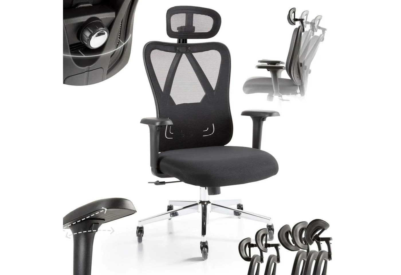 Arebos Bürostuhl Ergonomisch Schwarz mit Wippfunktion & 3D-Kopfstütze - Bild 2