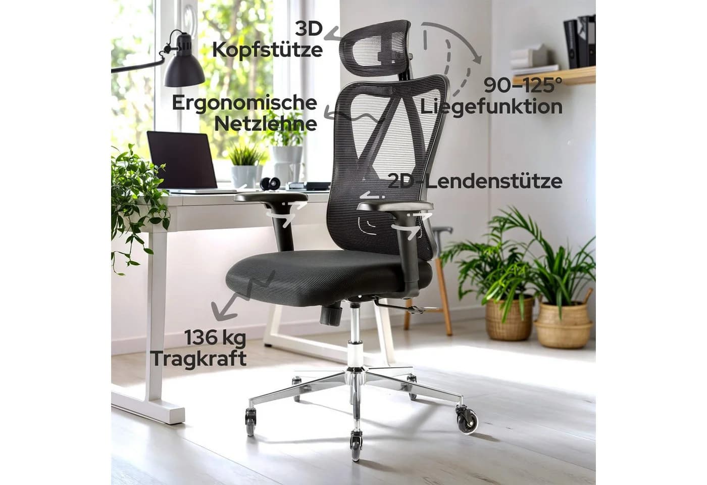 Arebos Bürostuhl Ergonomisch Schwarz mit Wippfunktion & 3D-Kopfstütze - Bild 3