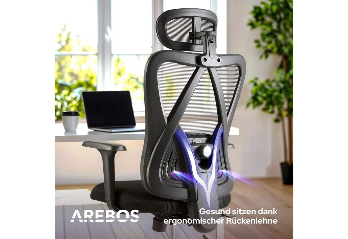 Arebos Bürostuhl Ergonomisch Schwarz mit Wippfunktion & 3D-Kopfstütze - Bild 4