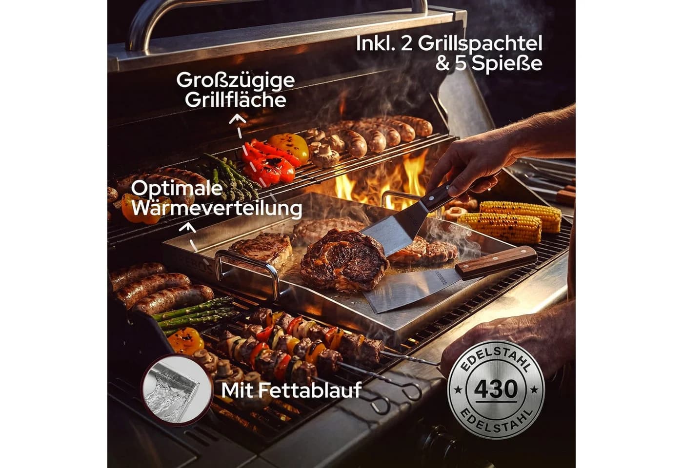 Arebos Edelstahl-Grillplatte 40x30 cm mit Fettablauf & Zubehör - Bild 3