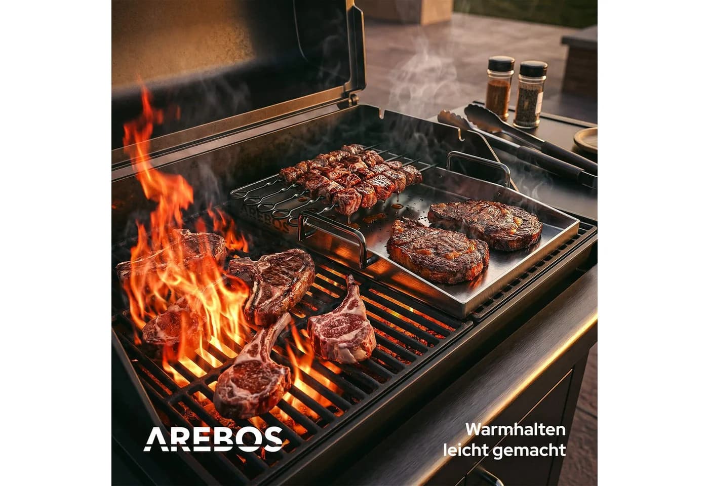 Arebos Edelstahl-Grillplatte 40x30 cm mit Fettablauf & Zubehör - Bild 5