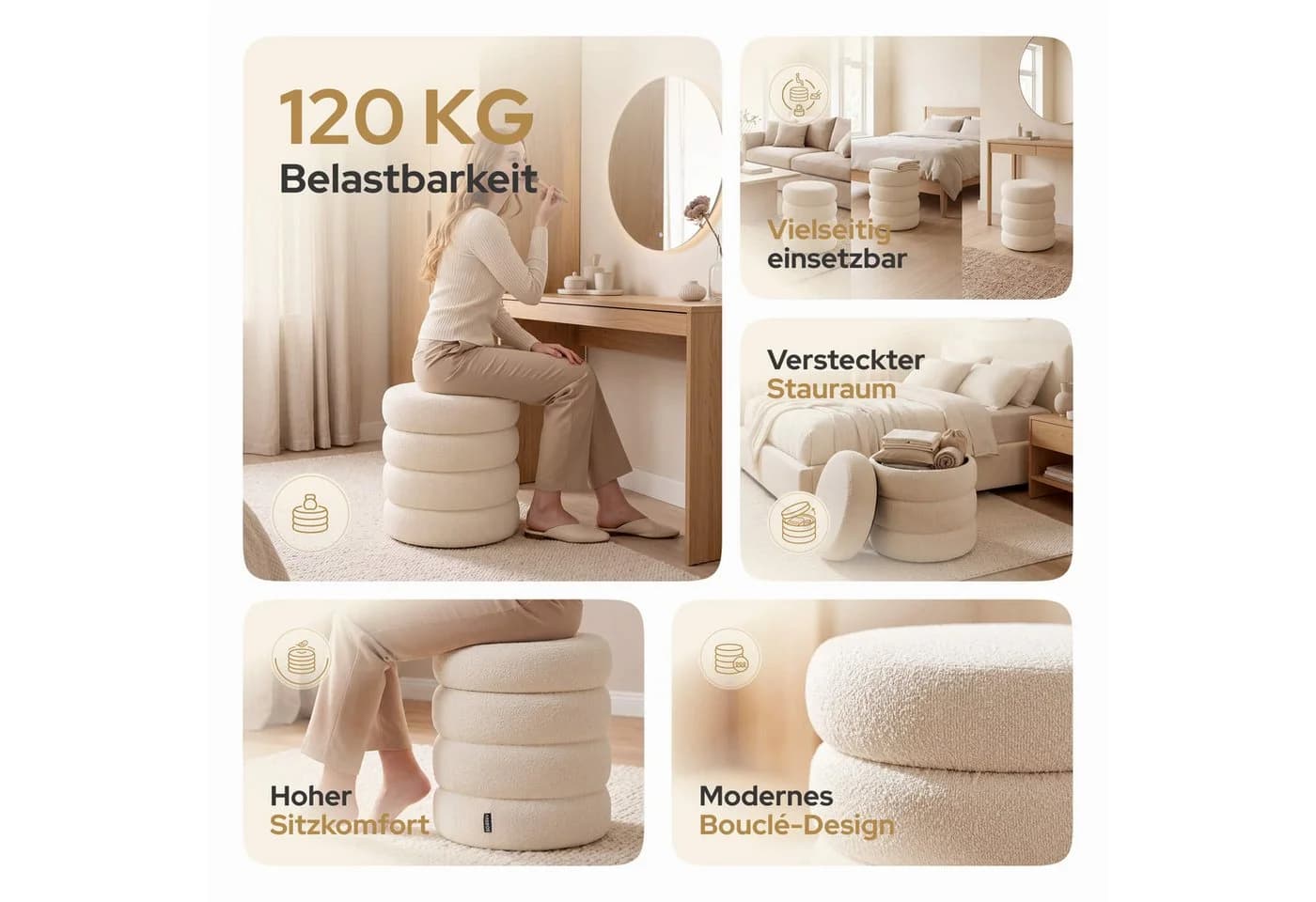 Arebos Sitzhocker mit Stauraum Bouclé Creme - Bild 3