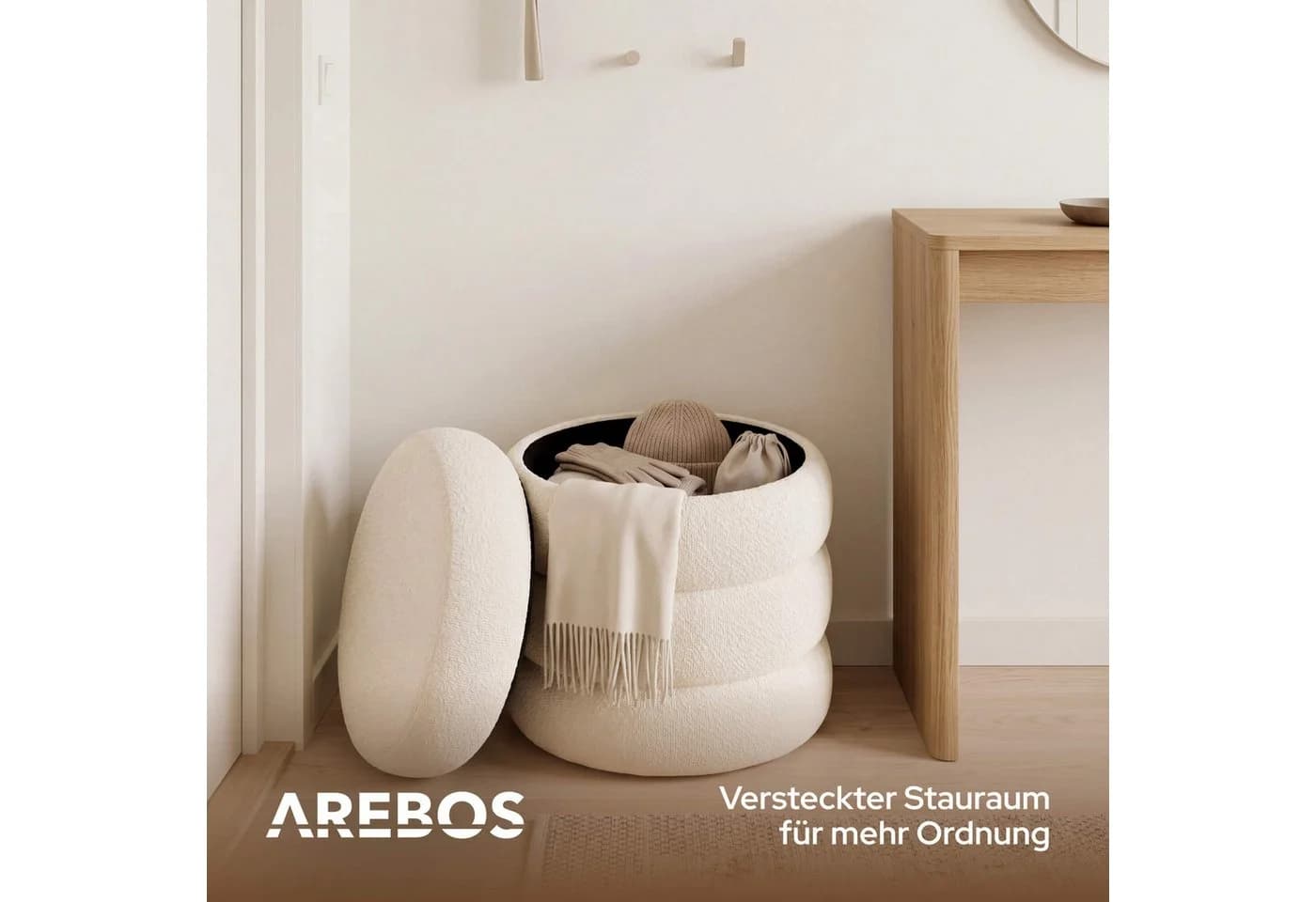 Arebos Sitzhocker mit Stauraum Bouclé Creme - Bild 4