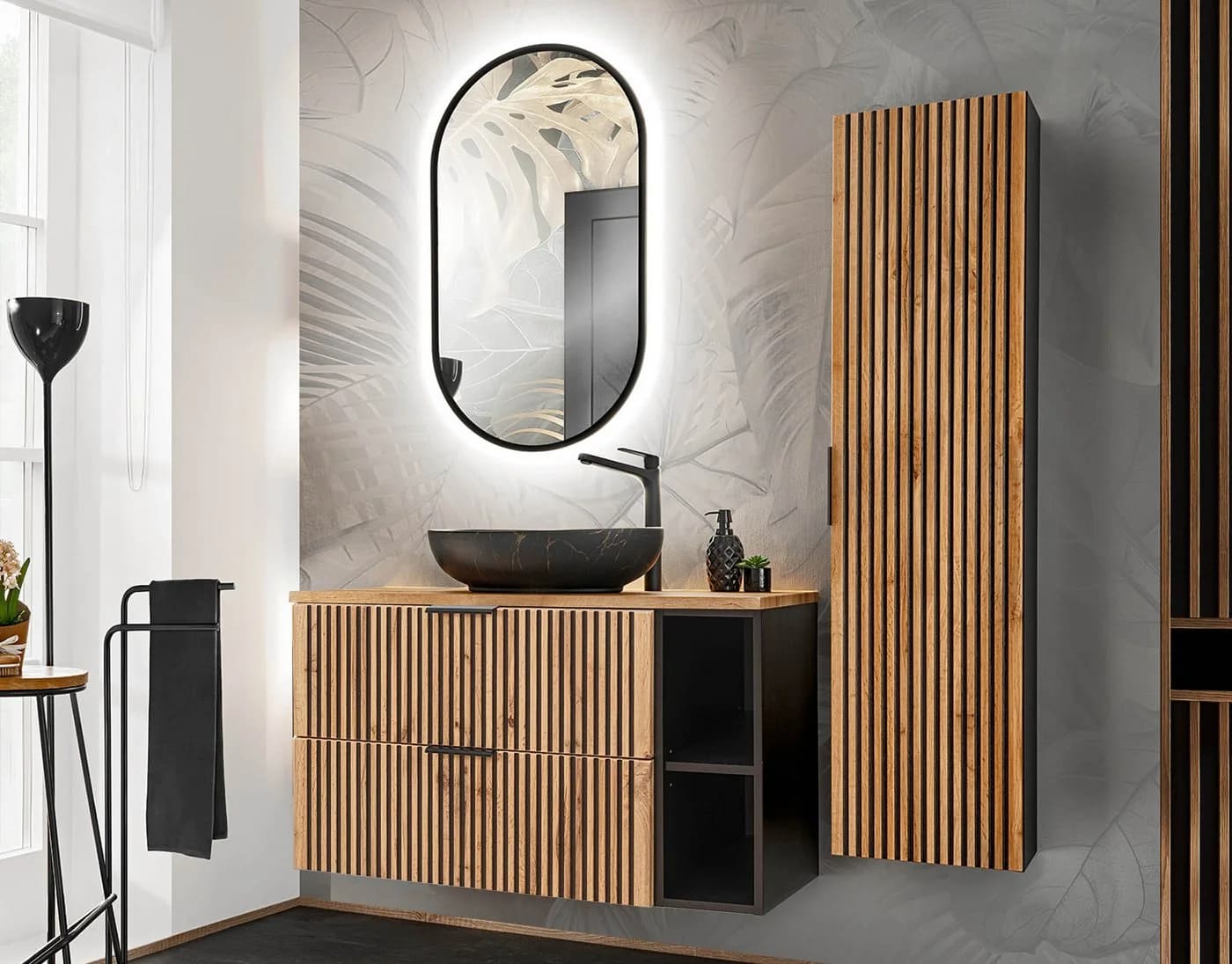einfachgutemoebel Waschtisch-Set Bad Hochschrank Tribune 1-türig 140cm hoch Schwarz Wotan-Eiche - Bild 5