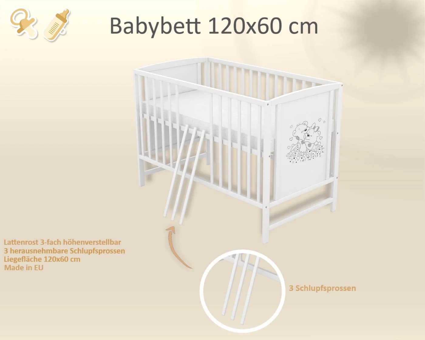 Baby-Delux Babybett Mia Weiß Kiefer Massivholz höhenverstellbar - Bild 5