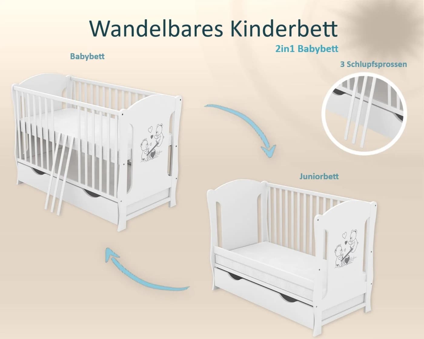 Baby-Delux Babybett Lia Weiß Kiefer Massivholz mit Matratze - Bild 5