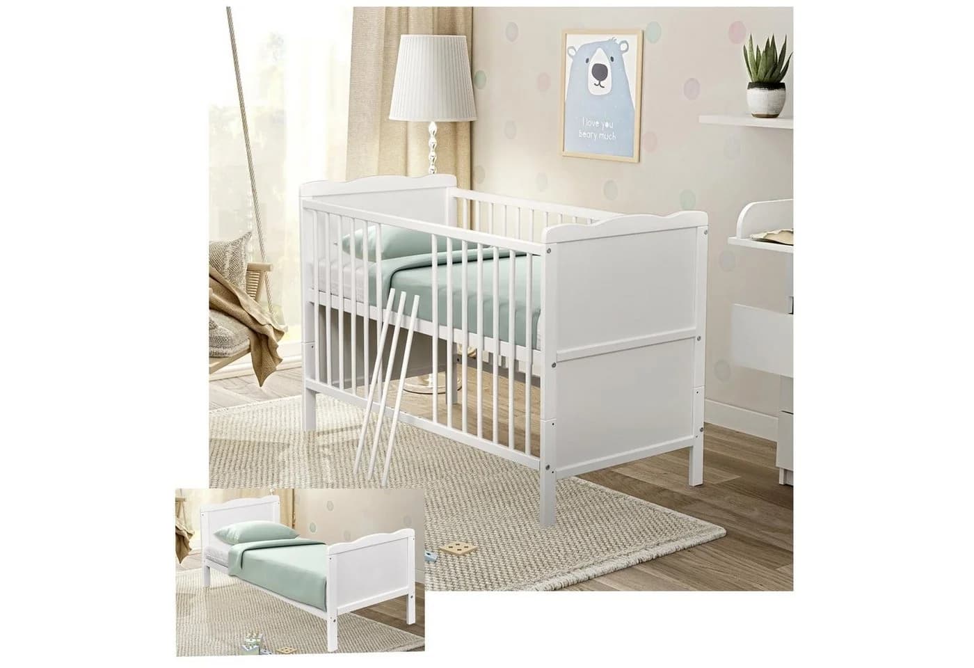 Baby-Delux Babybett Jack Weiß Umbaubar mit Matratze