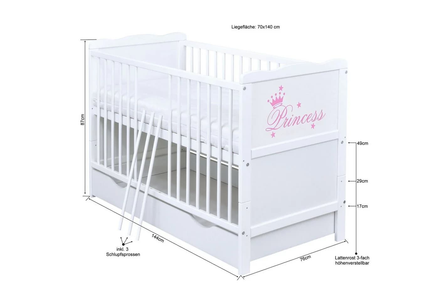 Baby-Delux Babybett Natalie Princess weiß mit Schublade - Bild 5