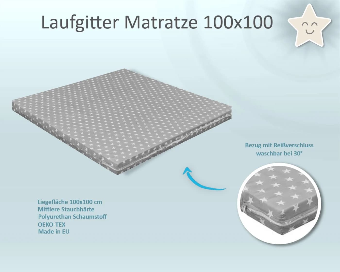 Baby-Delux Laufgittermatratze 100x100 cm Grau Sternchen