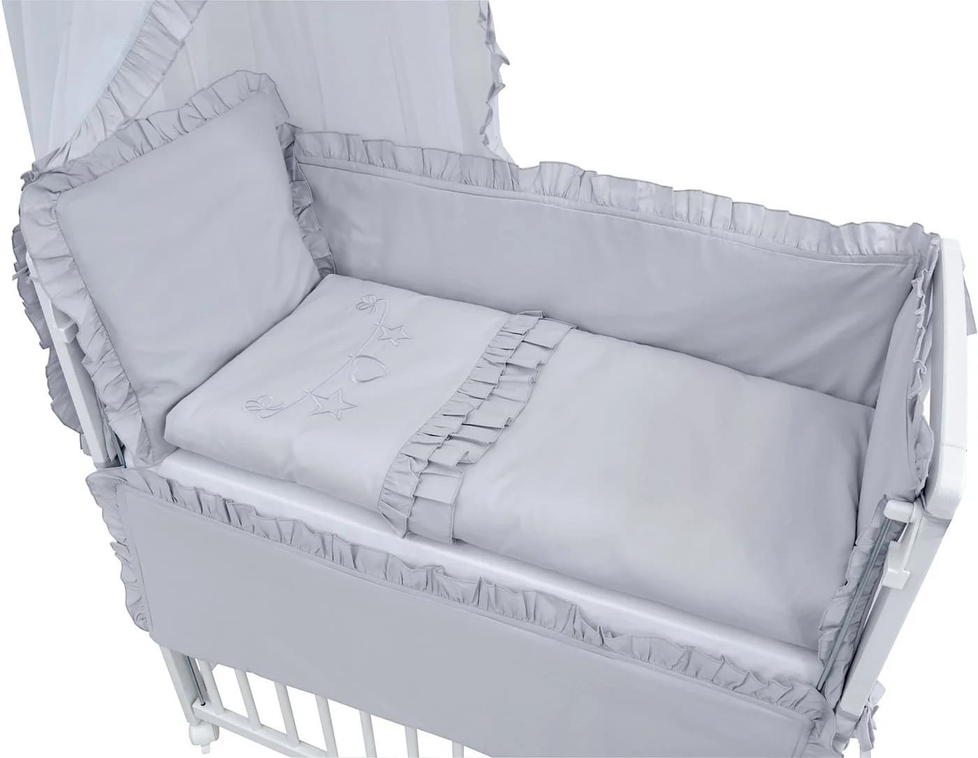 Baby-Delux Beistellbett Royal Grau Rüsche Weiß höhenverstellbar mit Matratze