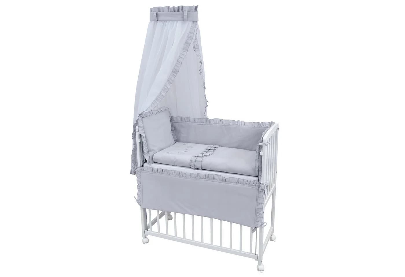 Baby-Delux Beistellbett Royal Grau Rüsche Weiß höhenverstellbar mit Matratze - Bild 2