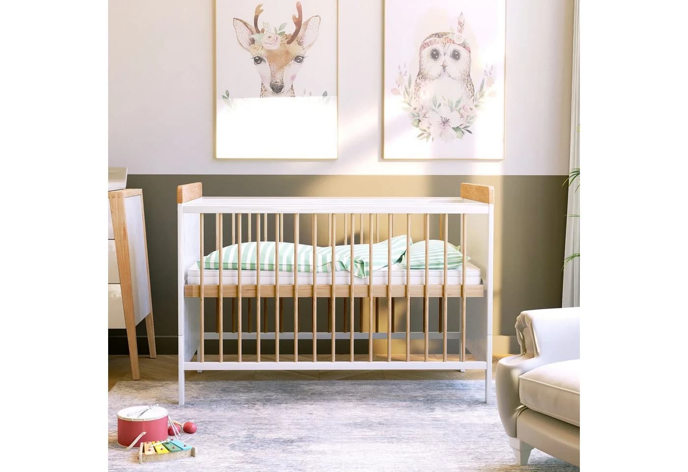 Baby-Delux Babybett Ella weiß-natur Kiefer höhenverstellbar mit Matratze - Bild 3